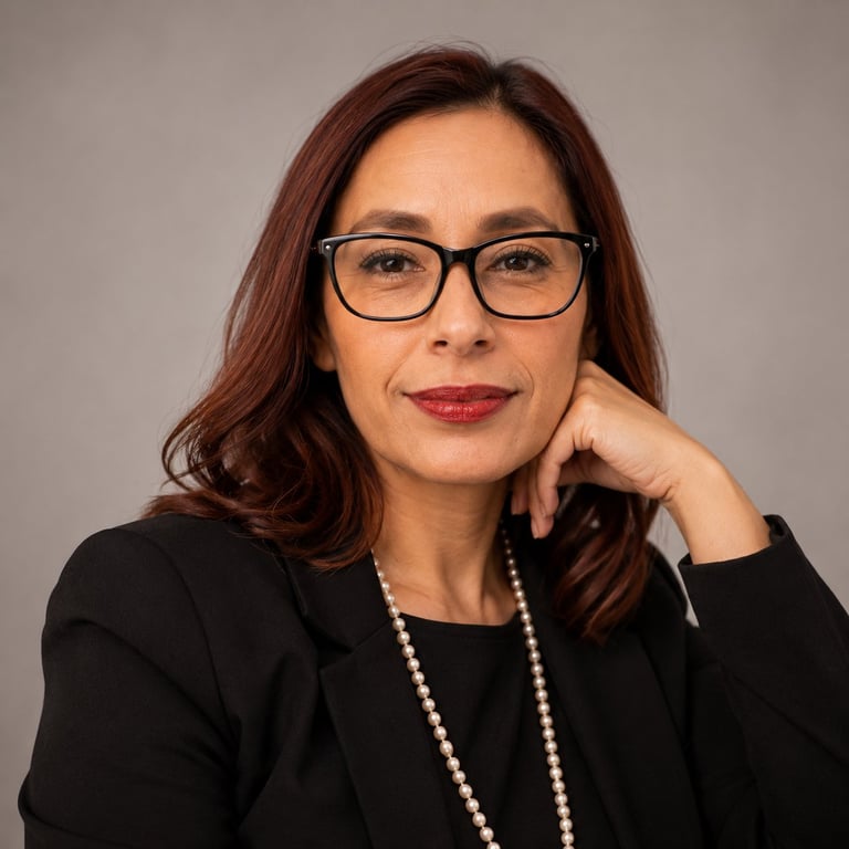 Professional headshot of a woman with reddish-brown hair, glasses, and red lipstick wearing a black blazer and pearl necklace