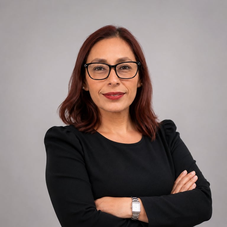 Professional headshot of a woman with reddish-brown hair, glasses, and red lipstick wearing a black top against a gray background