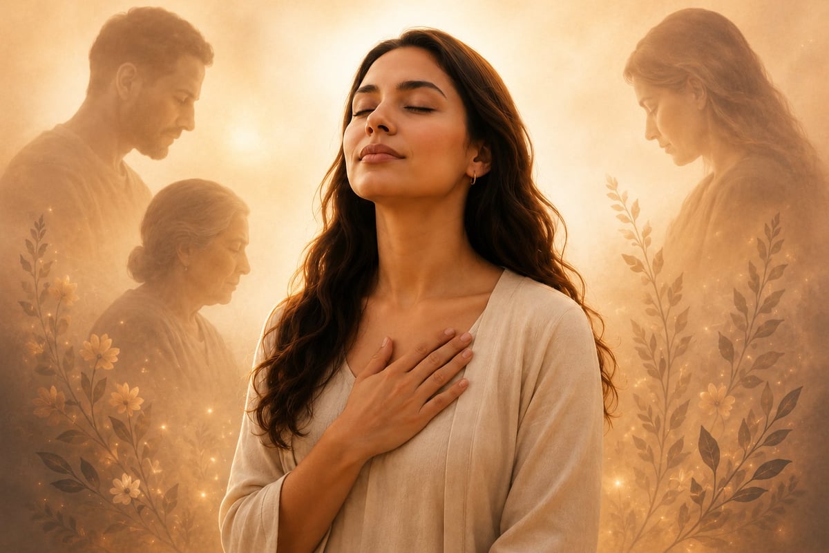 Woman in white robe with hand on chest, surrounded by three silhouetted figures in warm, glowing wheat field setting